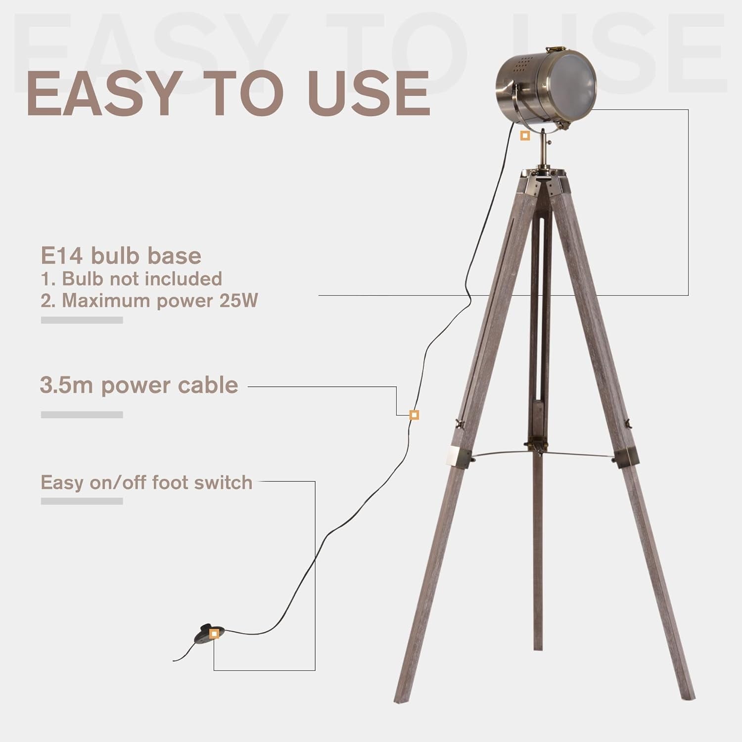 Industrial Tripod Floor Lamp Nautical Spotlight Adjustable Height E14