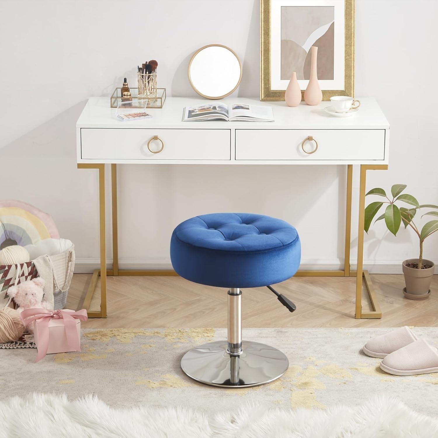 Blue Velvet Adjustable Vanity Chair – Round Swivel Makeup Stool with Chrome Base