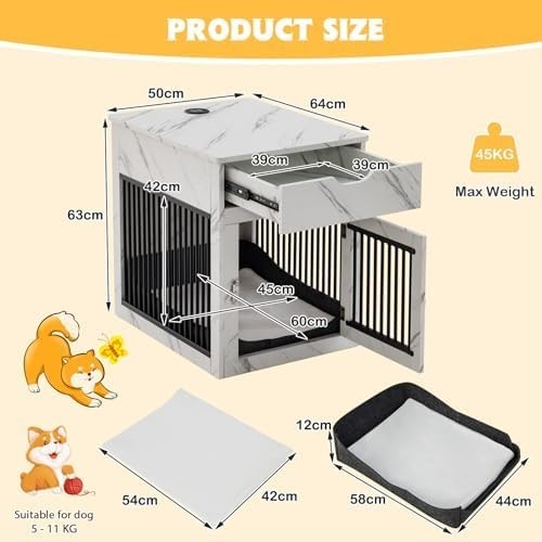 Wooden Dog Crate Side Table with Drawer, Plush Pad & USB Charging