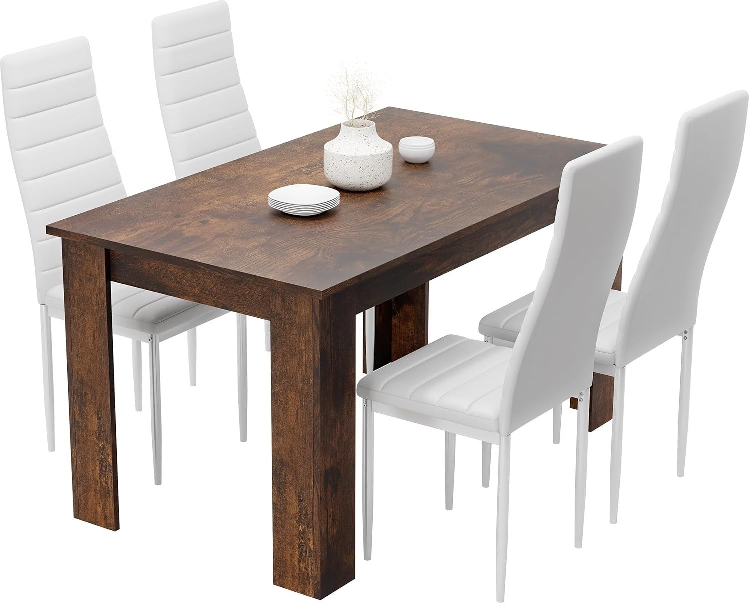 Modern PU Leather Dining Table Set 4 Chairs, 112x80cm Kitchen Table, Sturdy