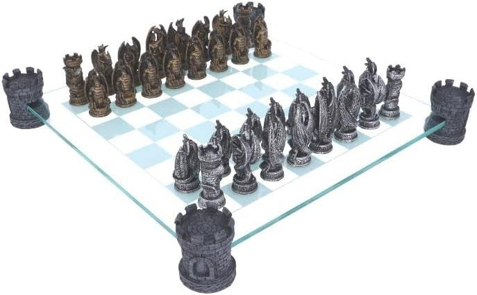Luxury Dragon Chess Set 43cm Bronze | Hand-Painted Resin Pieces on Glass Board