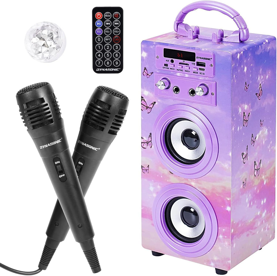 DYNASONIC Karaoke Machine Bluetooth 2 Mics LED Lights Teens