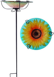 28" Glass Bird Bath Garden Stake – Chrysanthemum Design Outdoor Feeder