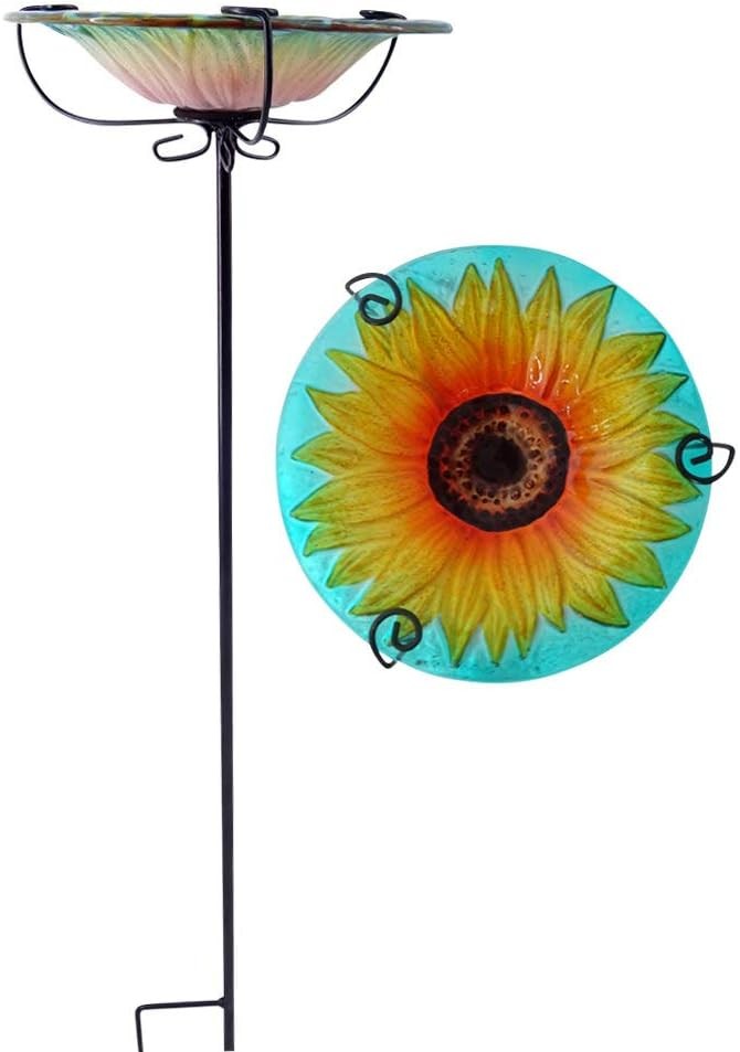28" Glass Bird Bath Garden Stake – Chrysanthemum Design Outdoor Feeder