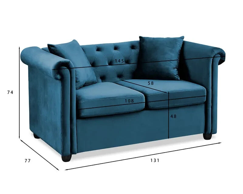 Velvet Chesterfield 2 Seater Sofa Blue | High Back Plush Armchair UK