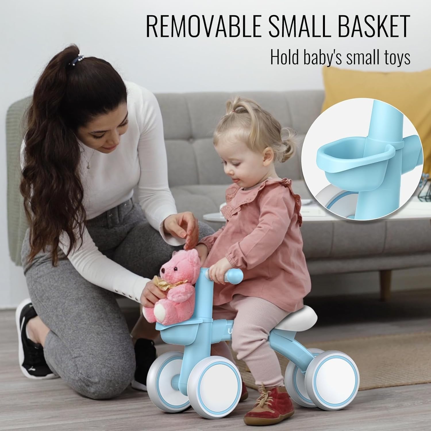 Baby Balance Bike 1 Year Old Toddler Ride On 4 Wheel Adjustable Seat Blue