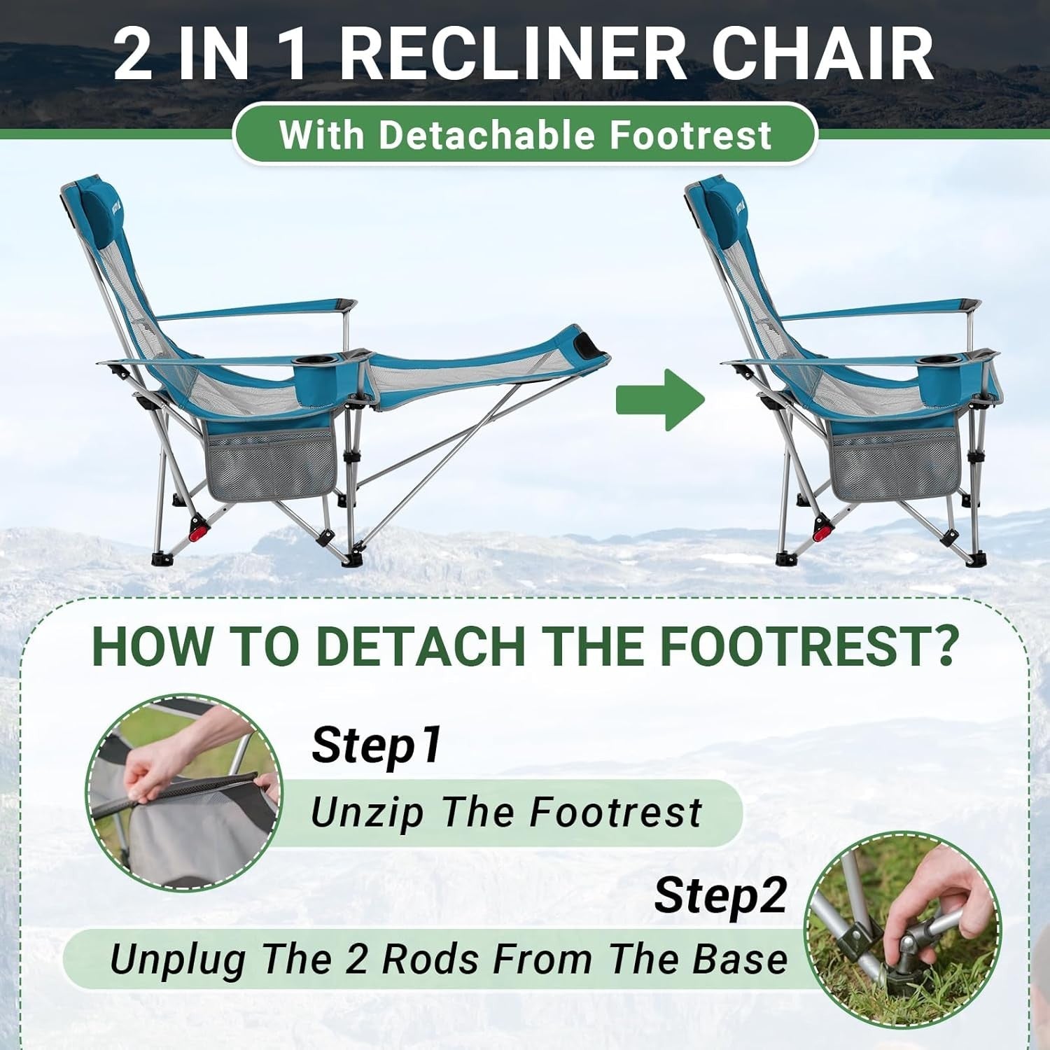 2x Reclining Folding Camping Chairs w/ Footrest & Headrest Beach Garden