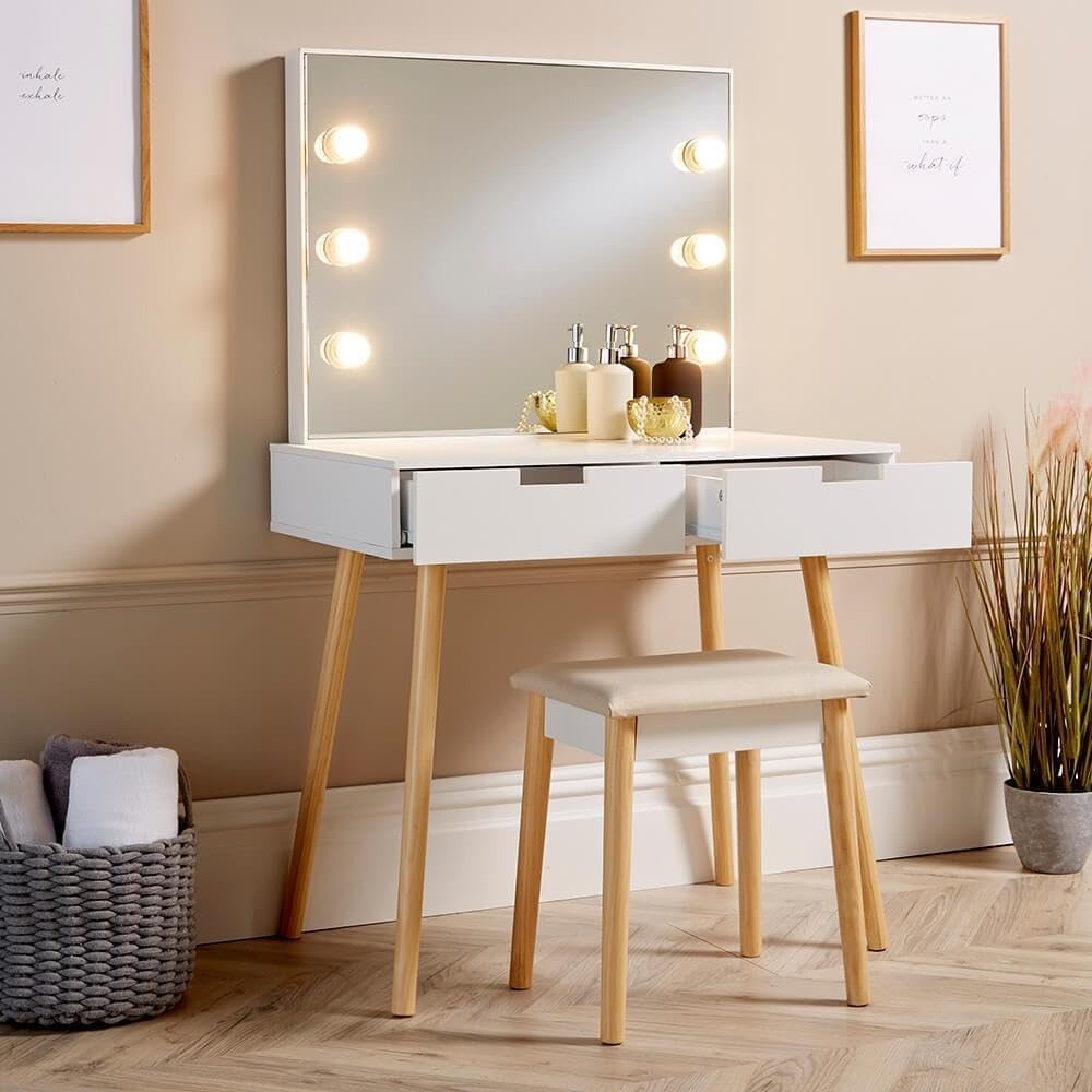 White Dressing Table Vanity Set with Stool & Mirror, Storage Drawers, Makeup Des