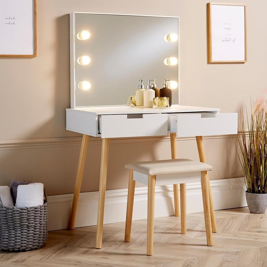 White Dressing Table Vanity Set with Stool & Mirror, Storage Drawers, Makeup Des