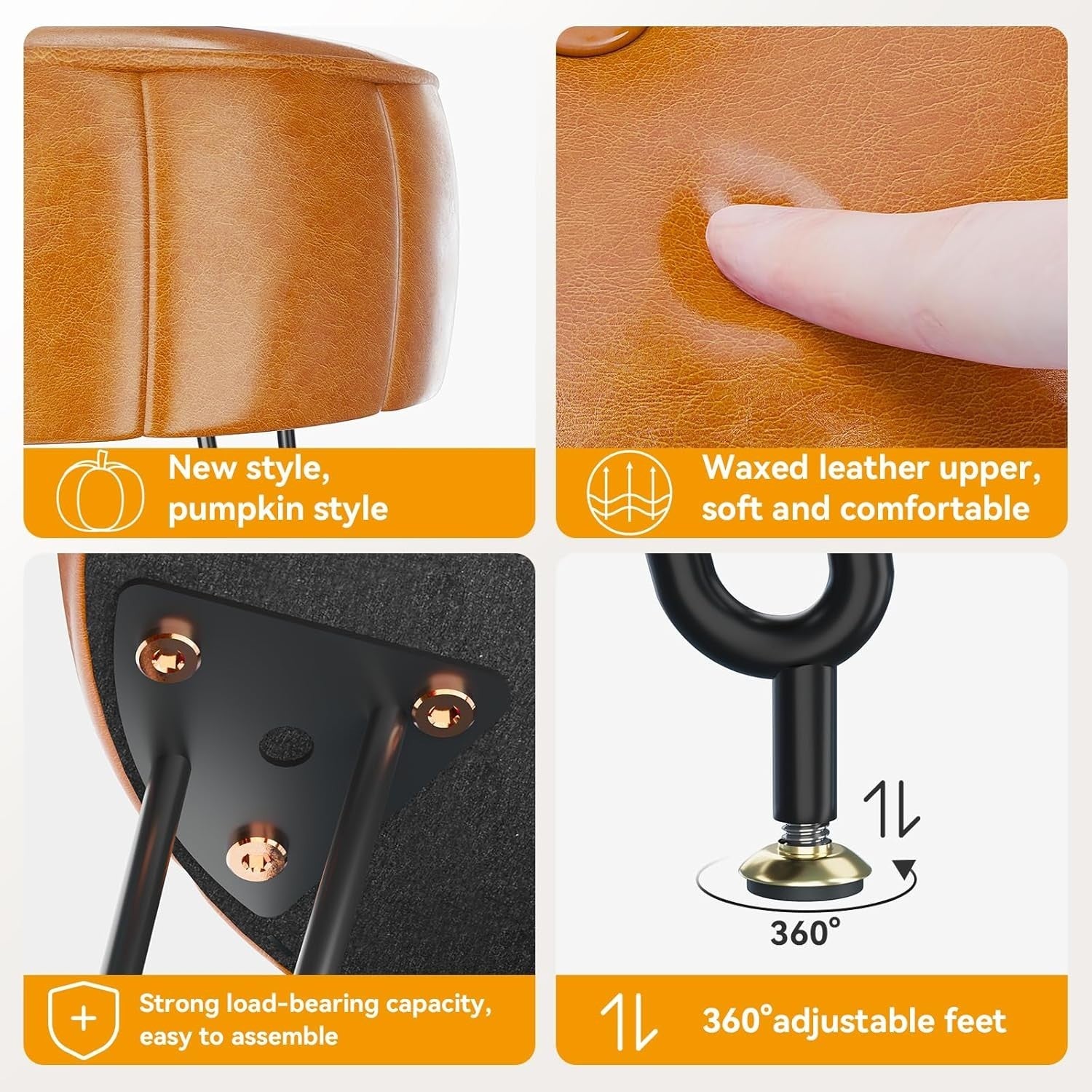 Orange Faux Leather Pumpkin Vanity Stool Round Modern Footrest Seat