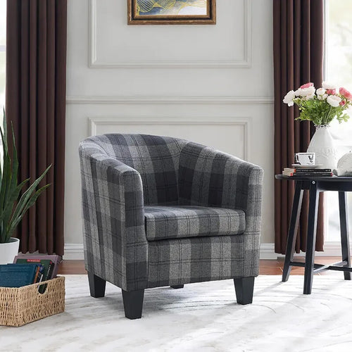 Accent Tub Chair Grey Tartan Fabric Armchair Padded Seat Lounge Sofa