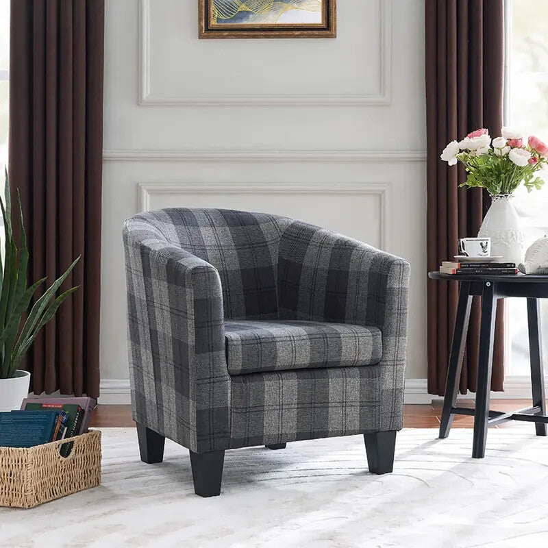 Accent Tub Chair Grey Tartan Fabric Armchair Padded Seat Lounge Sofa