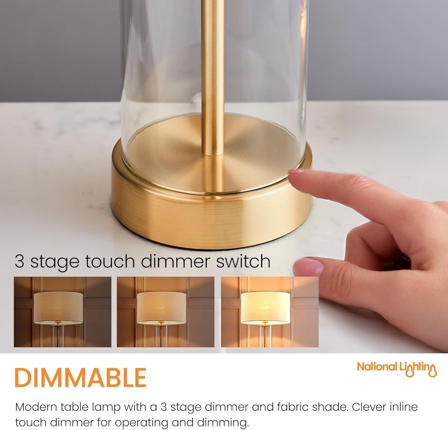 Dimmable Touch Table Lamp White Shade Glass Base Modern Bedside Lighting