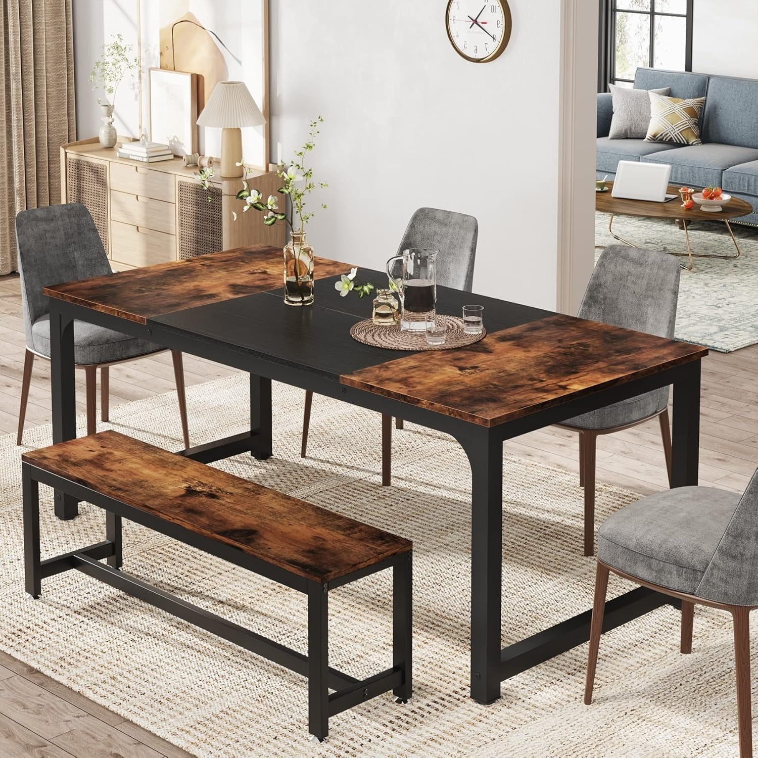 Industrial Dining Table for 6-8 – Metal Frame, Rustic Wood, 180cm