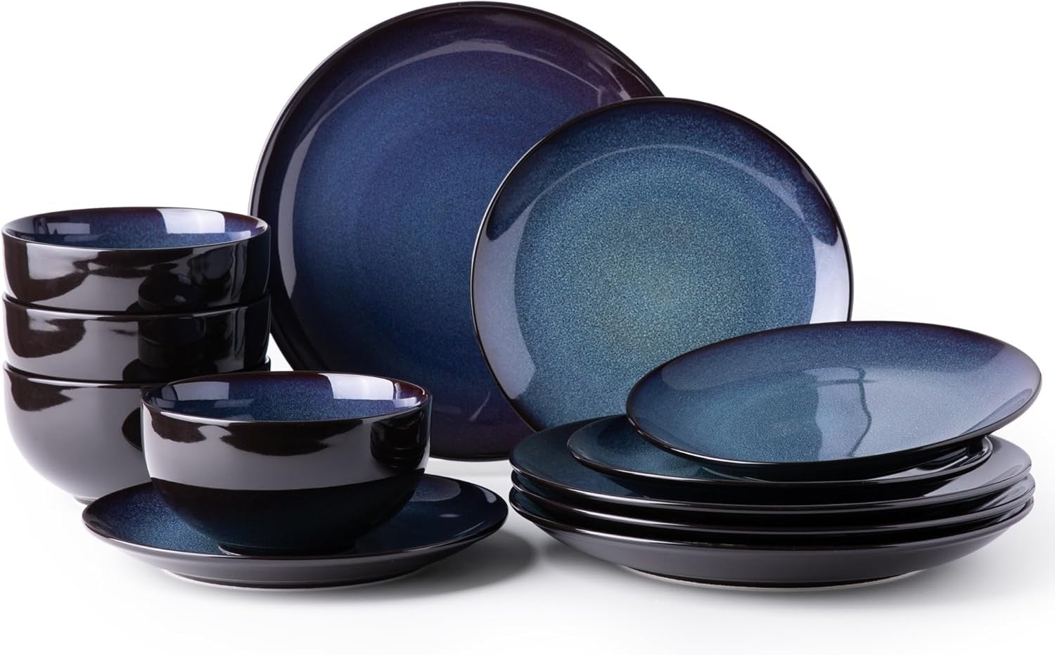 12 Piece Stoneware Dinner Set for 4 Blue Reactive Glaze Plates Bowls