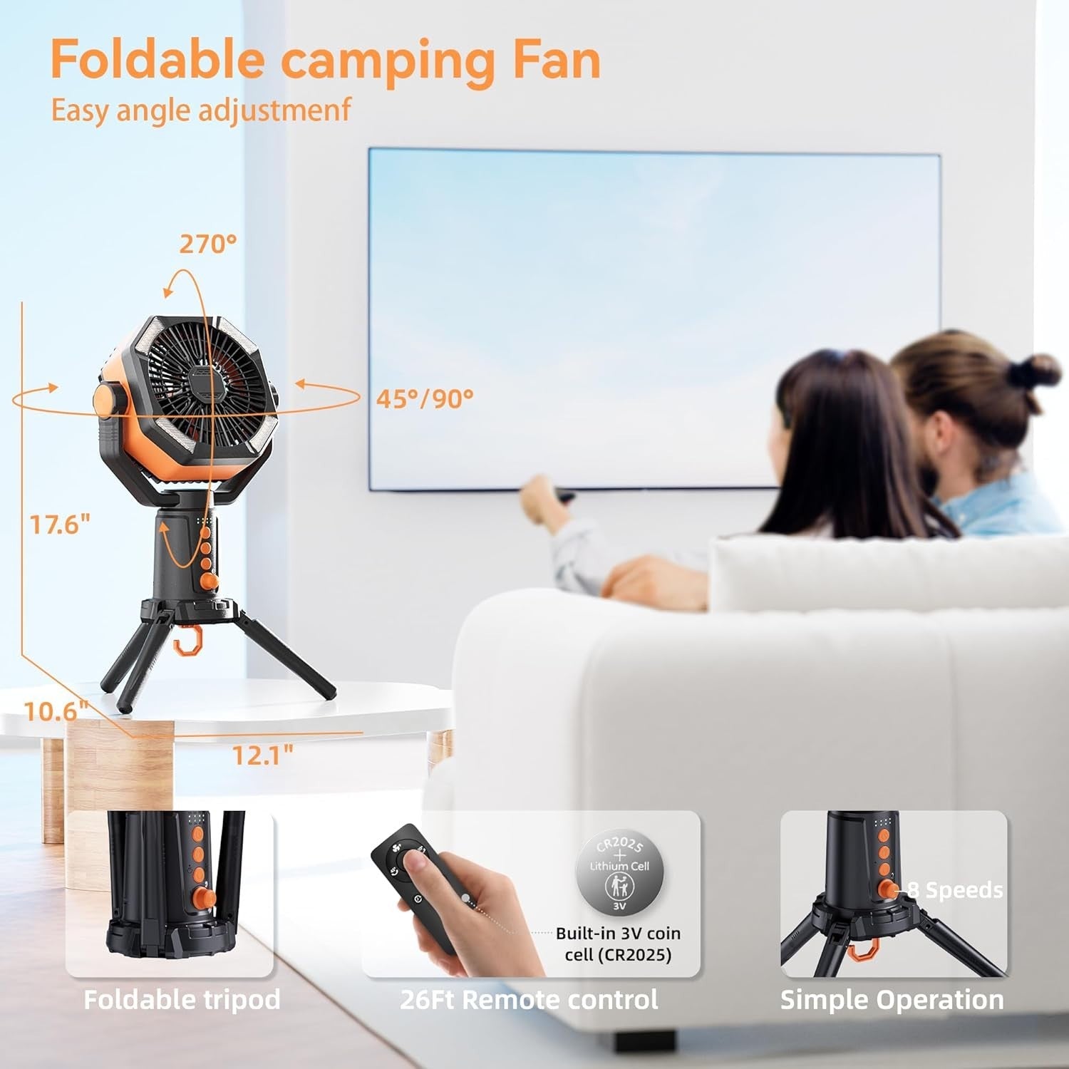 Portable Tripod Fan – 20000mAh Rechargeable LED Camping Fan w/ Remote Orange