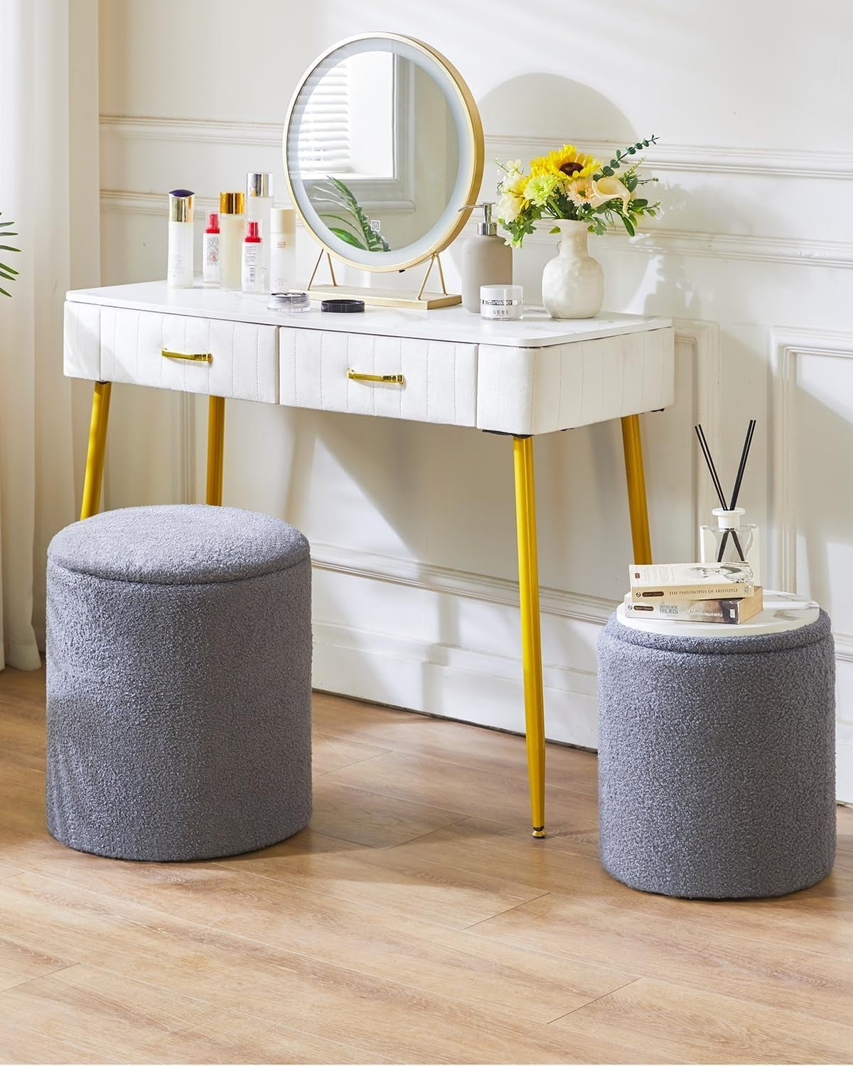 Set of 2 Round Fleece Ottomans with Storage – Nesting Footstools & Side Tables
