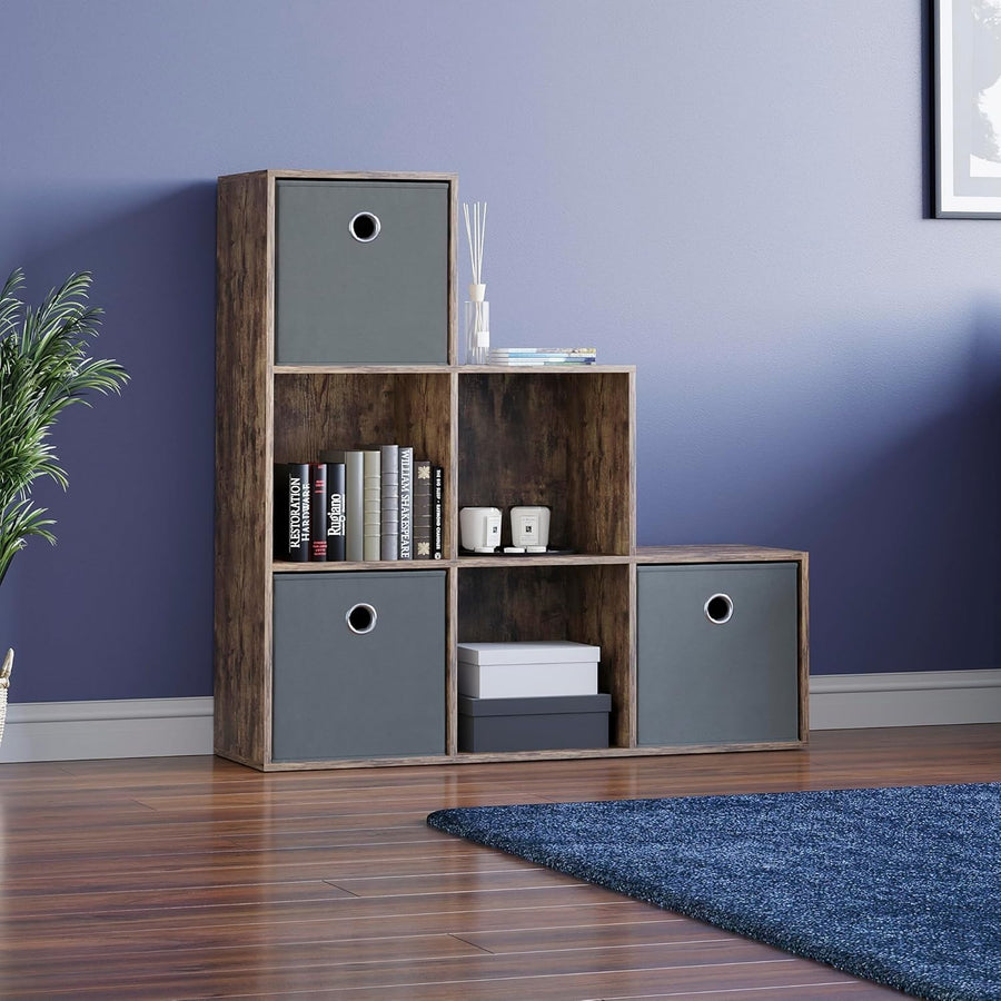 Dark Wood 6 Cube Staircase Bookcase with 3 Grey Baskets – Modern Storage Unit