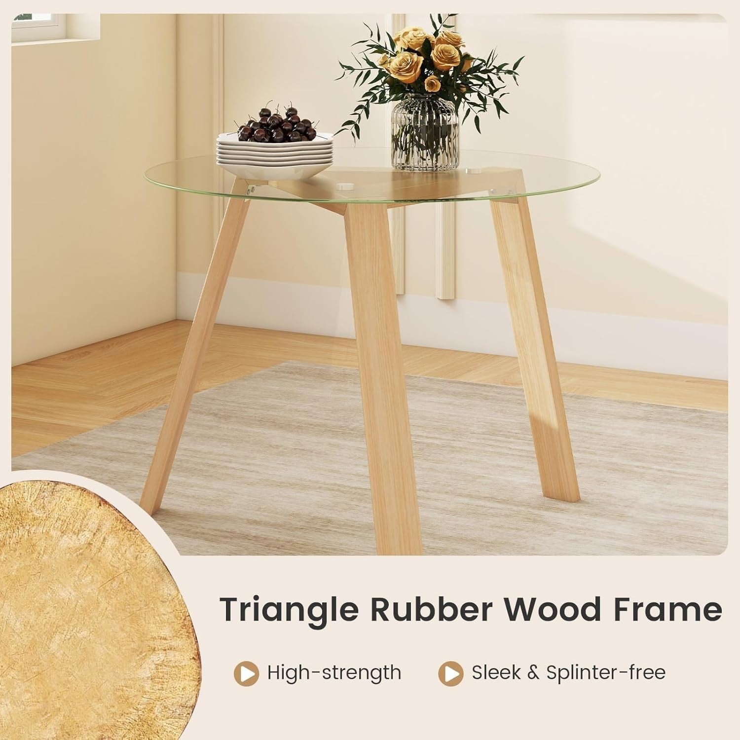 Round 90cm Tempered Glass Dining Table with Rubber Wood Frame
