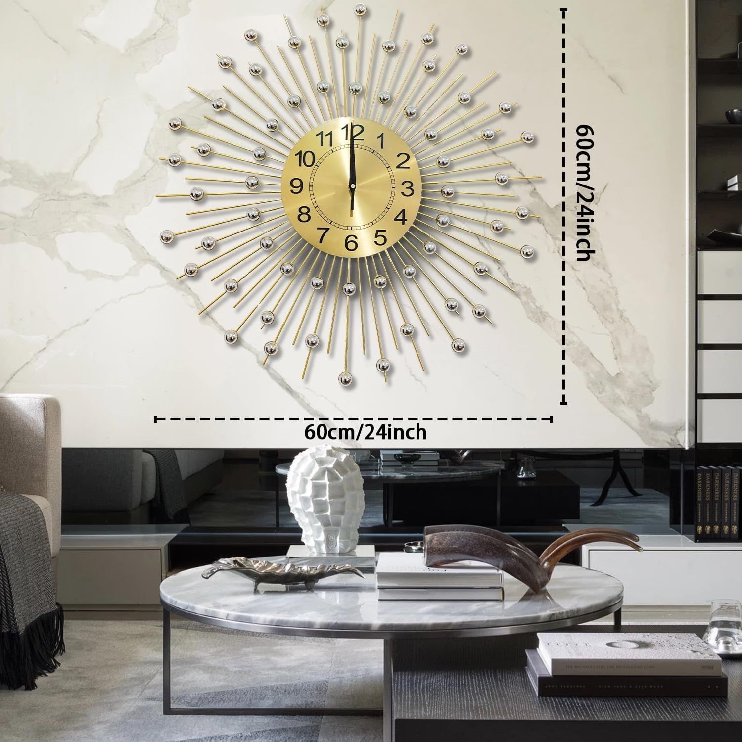 60cm Gold Sunburst Wall Clock – Silent Quartz Modern Decorative Metal Design