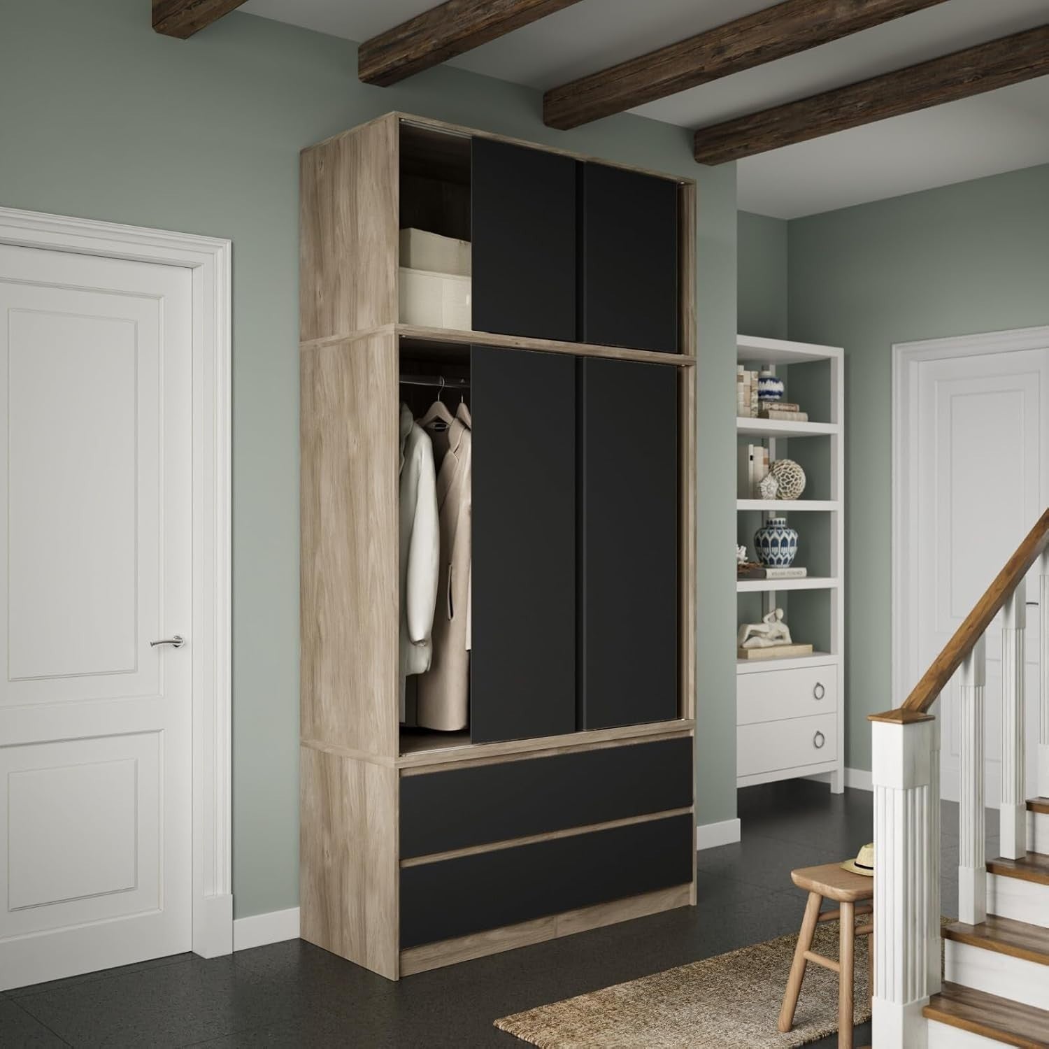 Modern 240cm Sliding Wardrobe Closet 6 Doors 4 Drawers Black Oak