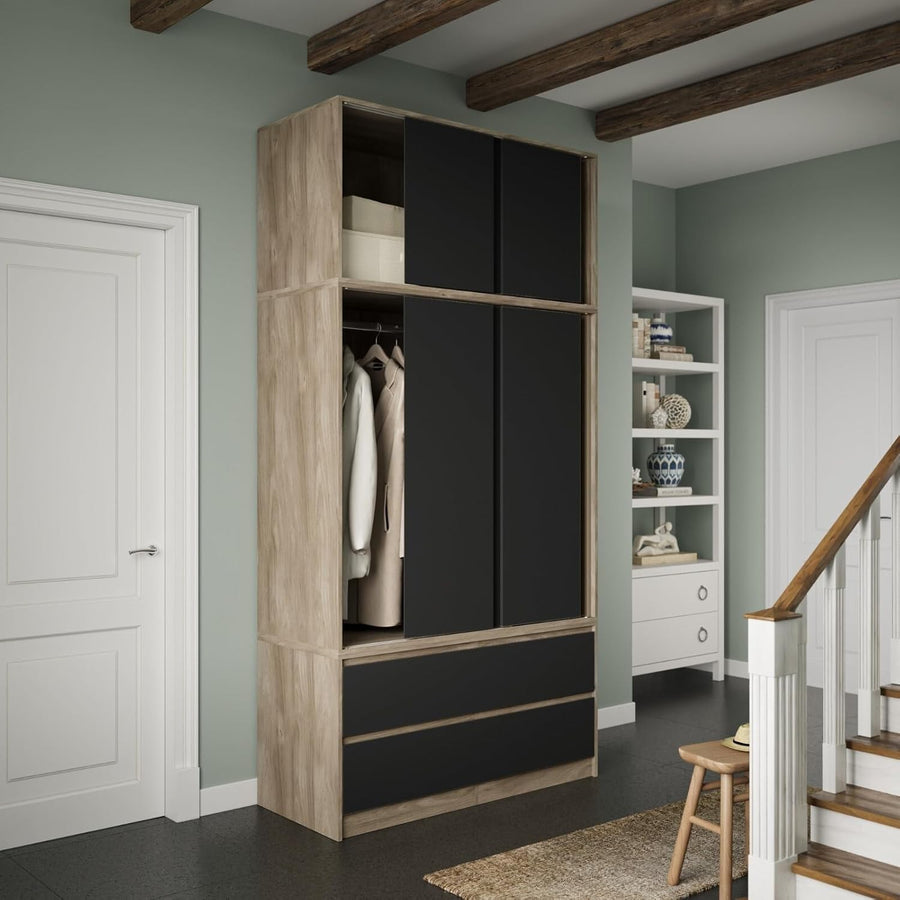 Modern 240cm Sliding Wardrobe Closet 6 Doors 4 Drawers Black Oak