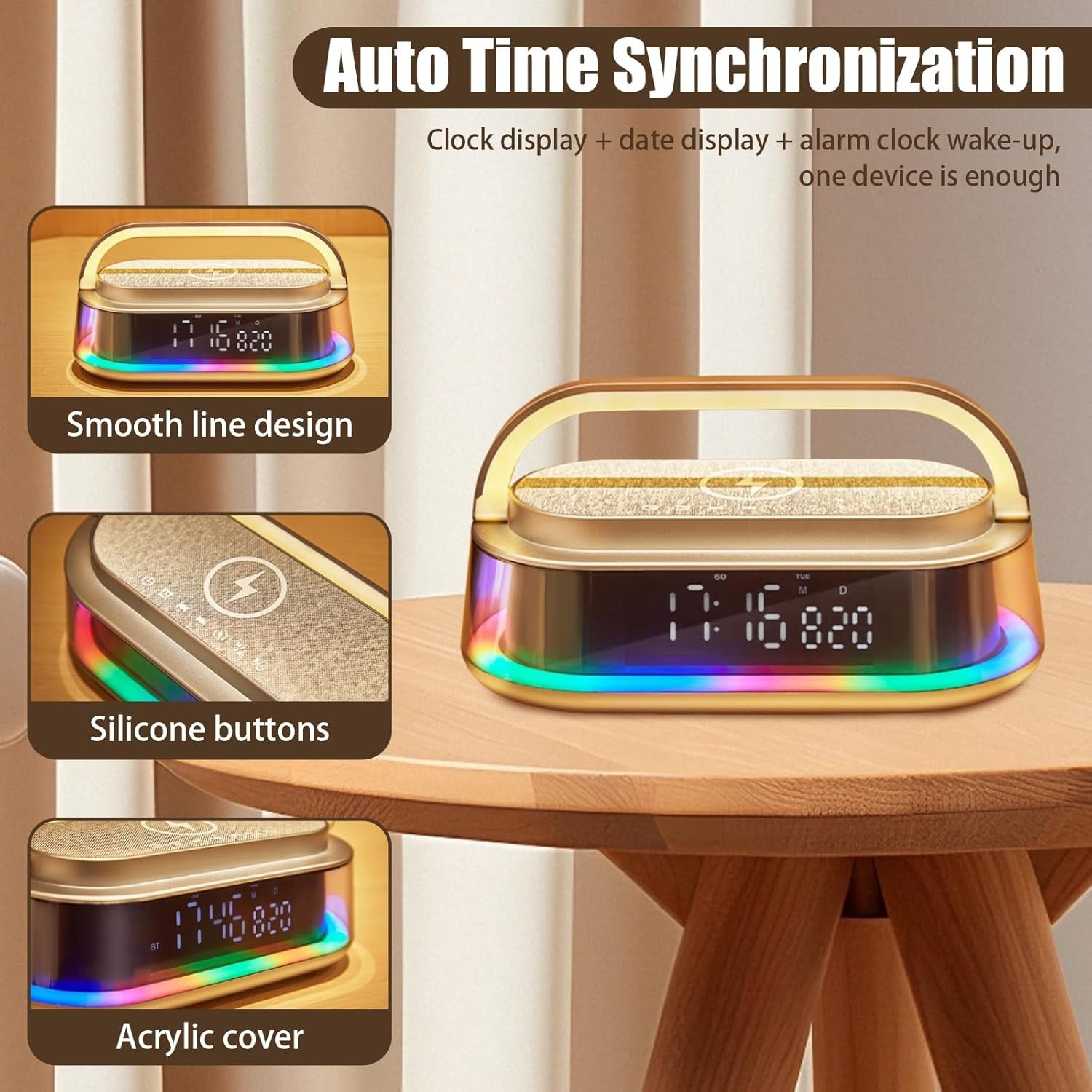 Bluetooth Radio Alarm Clock Wireless Charging Speaker LED Night Light