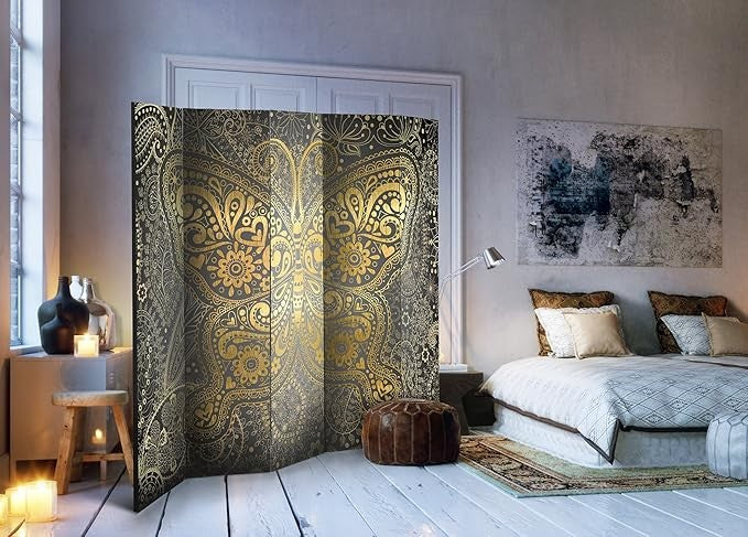 Golden Mandala 5-Panel Room Divider 225×172cm | Double-Sided Privacy Screen