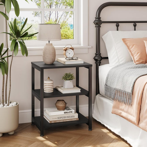 Slim 3-Tier Black Side Table – Narrow Bedside or Sofa Storage for Small Spaces