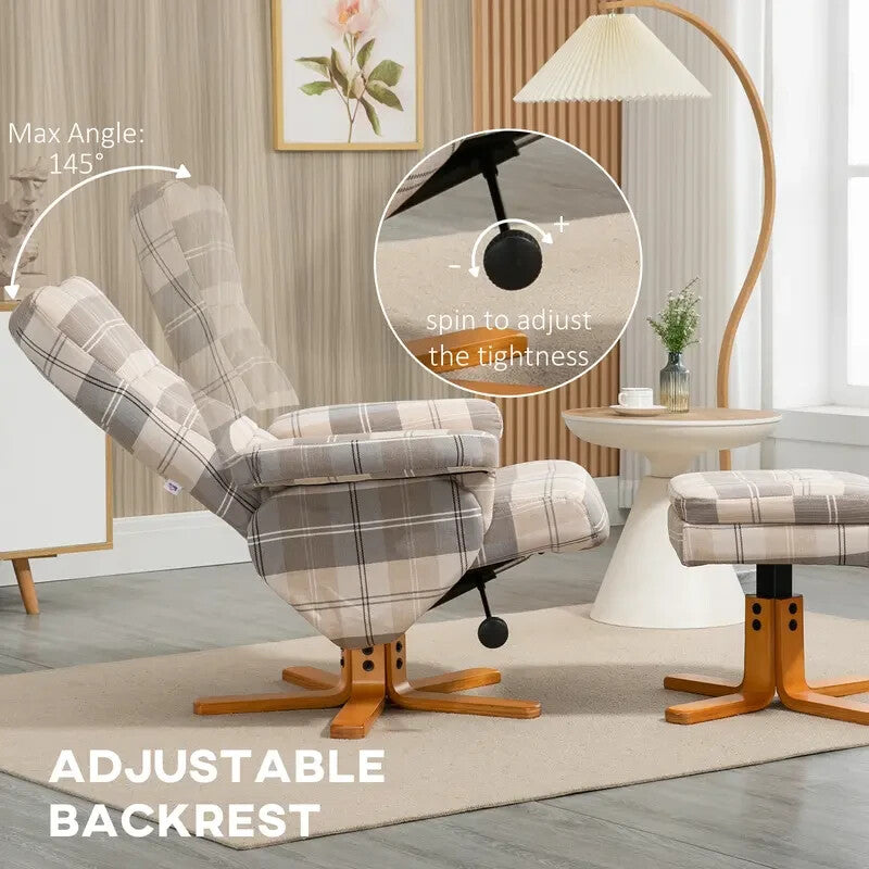Linen Swivel Recliner Armchair with Footstool Storage & Wood Base