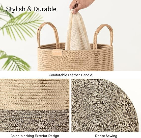 75L Foldable Woven Laundry Basket with Leather Handles, Large Striped Hamper