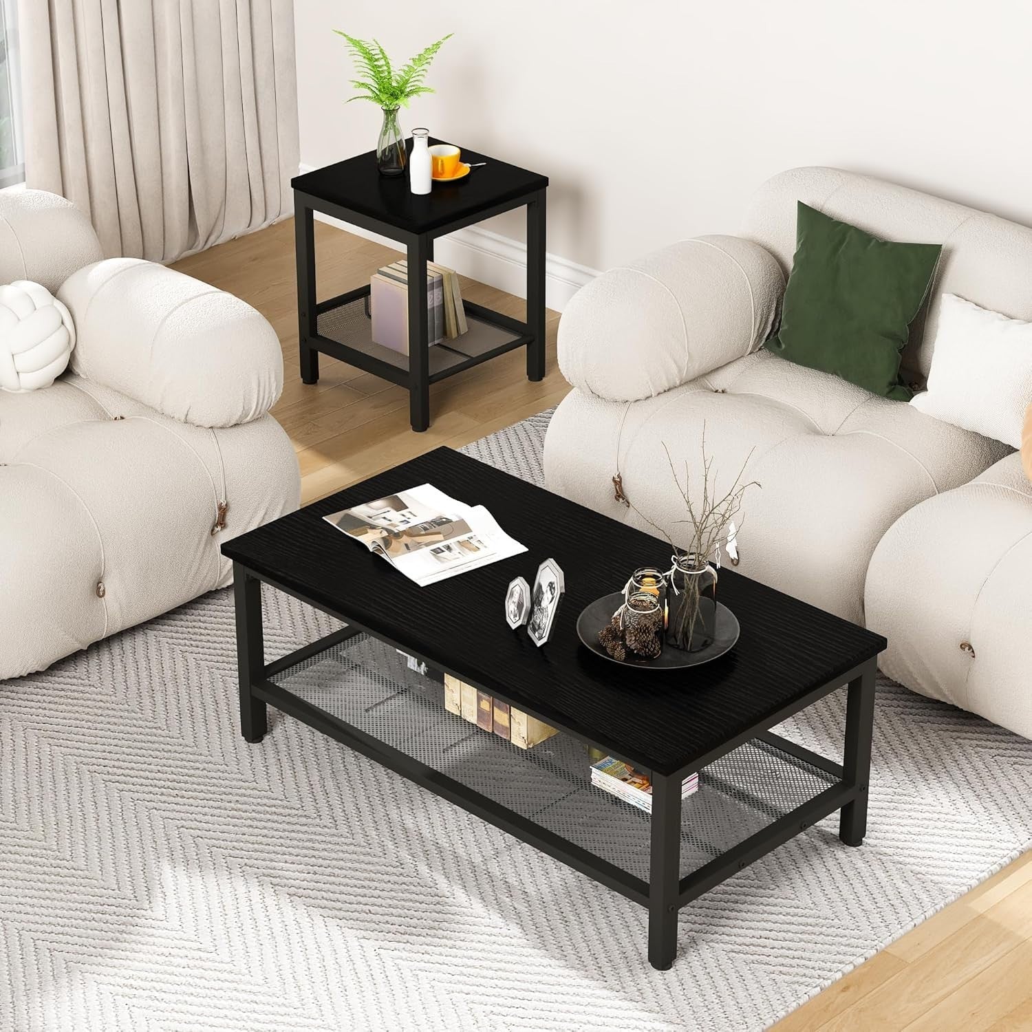 3-Piece Black Industrial Coffee Table Set – Metal Frame, Wood Top, Storage