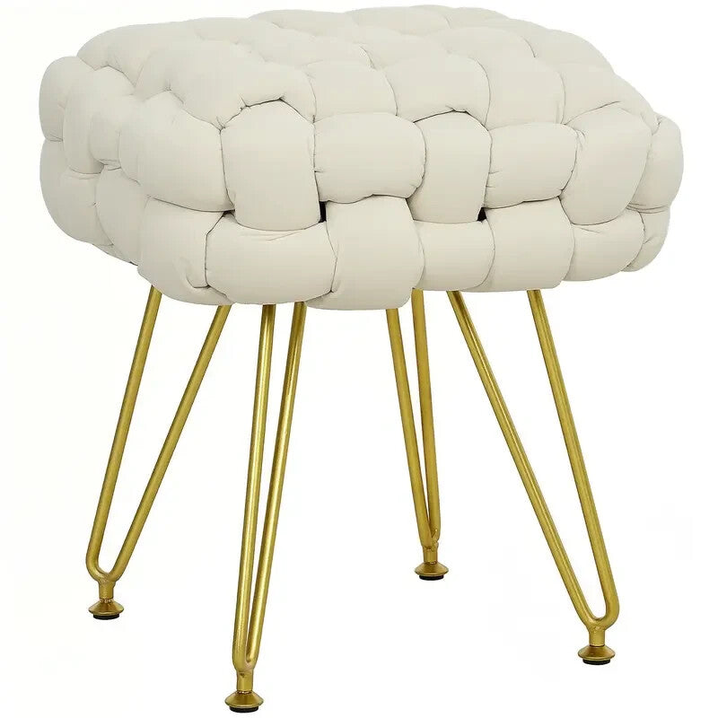 Cream Woven Velvet Footstool Ottoman Seat with Gold Legs for Bedroom