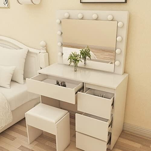 Hollywood Vanity Dressing Table with LED Bulb Mirror & Stool, 5 Drawers