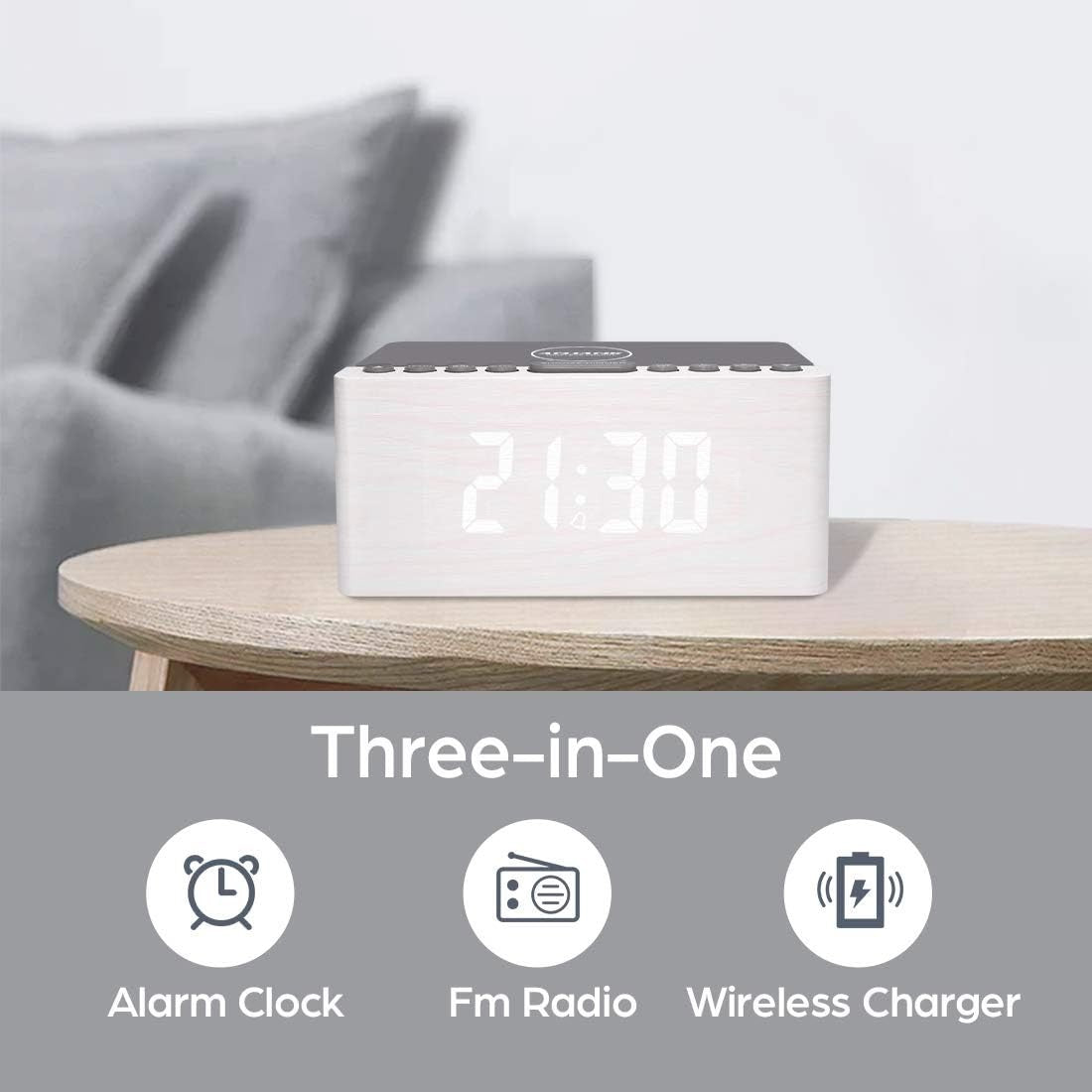 Wireless Charging Alarm Clock FM Radio USB Dimmable LED Wooden Bedside