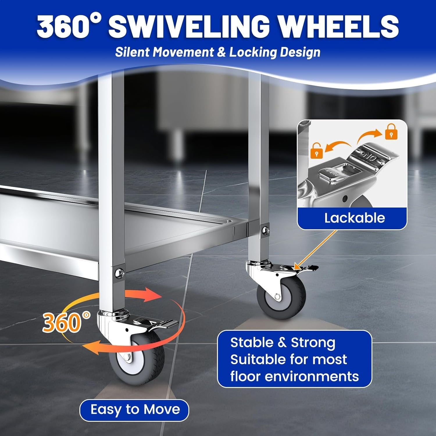 Stainless Steel Kitchen Trolley 2 Tier Service Cart Locking Wheels