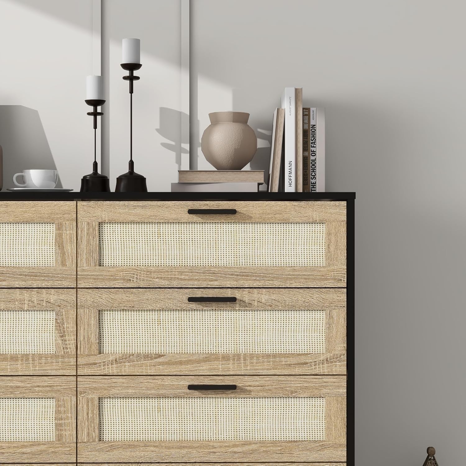 Rattan Chest of 8 Drawers Black Wood Storage Unit Bedroom Hallway Modern