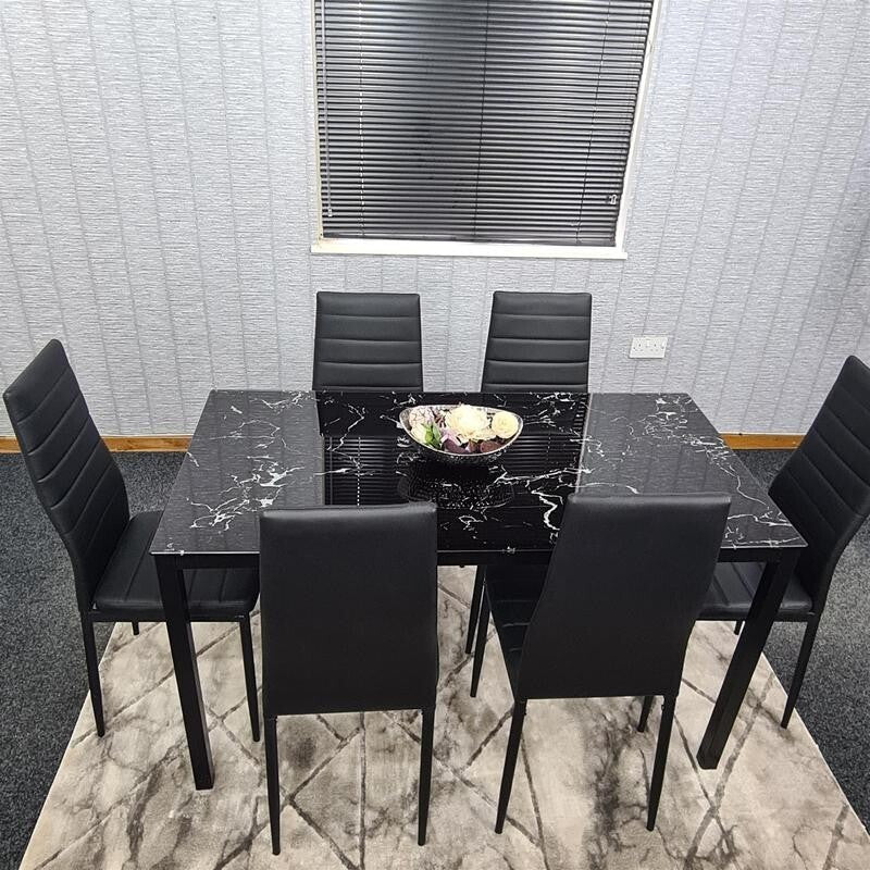 6 Seat Black Marble Effect Glass Dining Table & 6 Chairs Modern Set