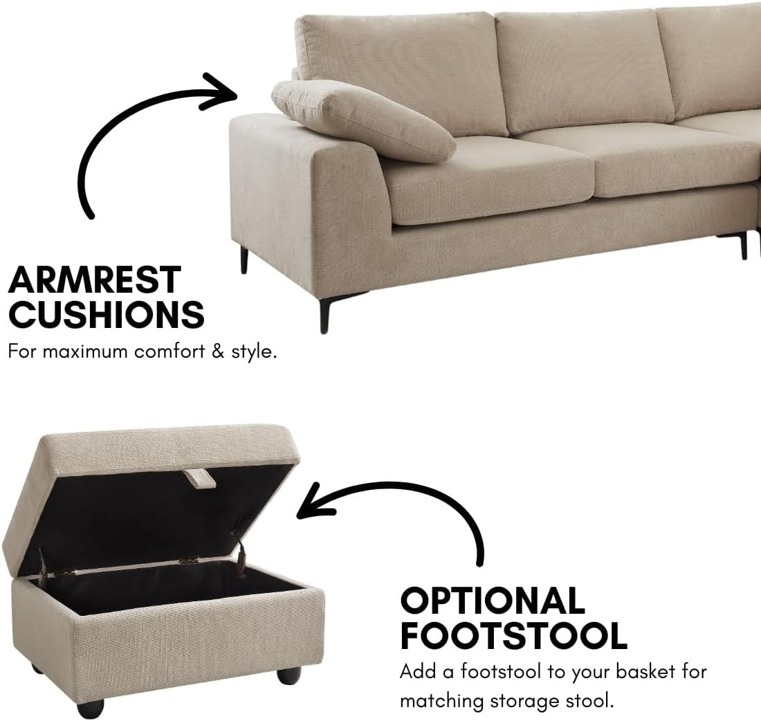 Beige Linen Right Hand Corner Sofa 5 Seater L Shape + Storage Option