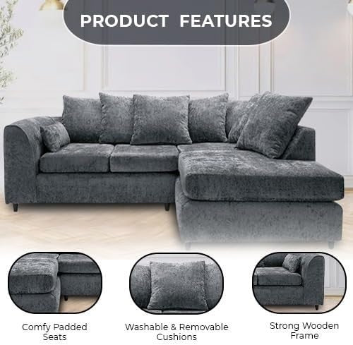 Grey Fabric L-Shape Corner Sofa 4-Seater – Durable, Comfy Cushions, Easy Assembl