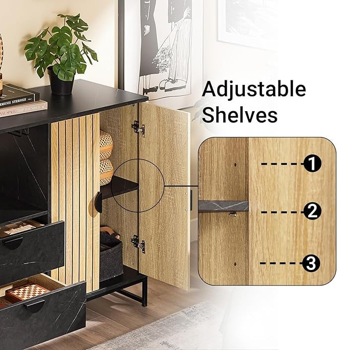 Modern Oak Black Sideboard Cabinet with Wine Rack & Storage 107x40x85cm