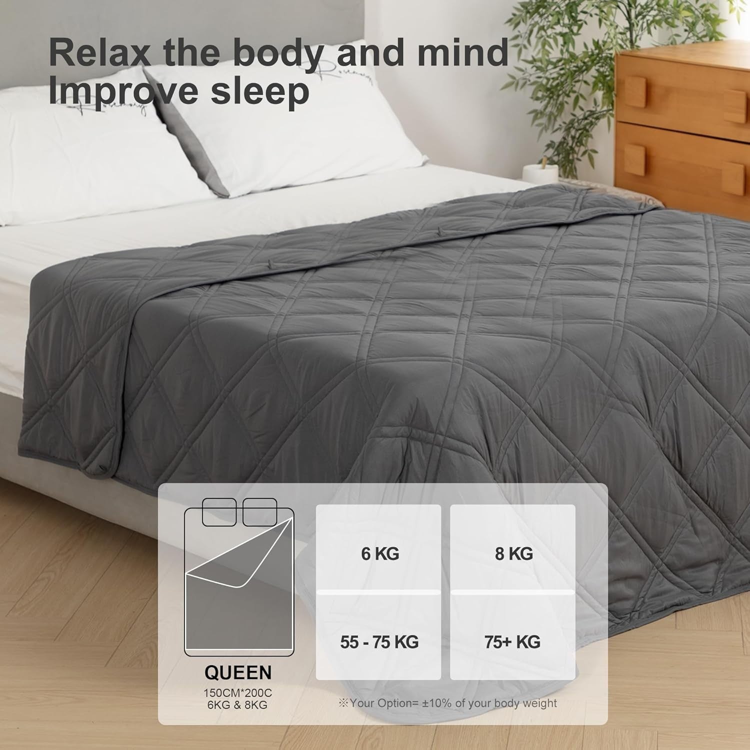 Weighted Blanket for Adults - Grey - Stress & Anxiety Relief - 150x200cm (6kg)