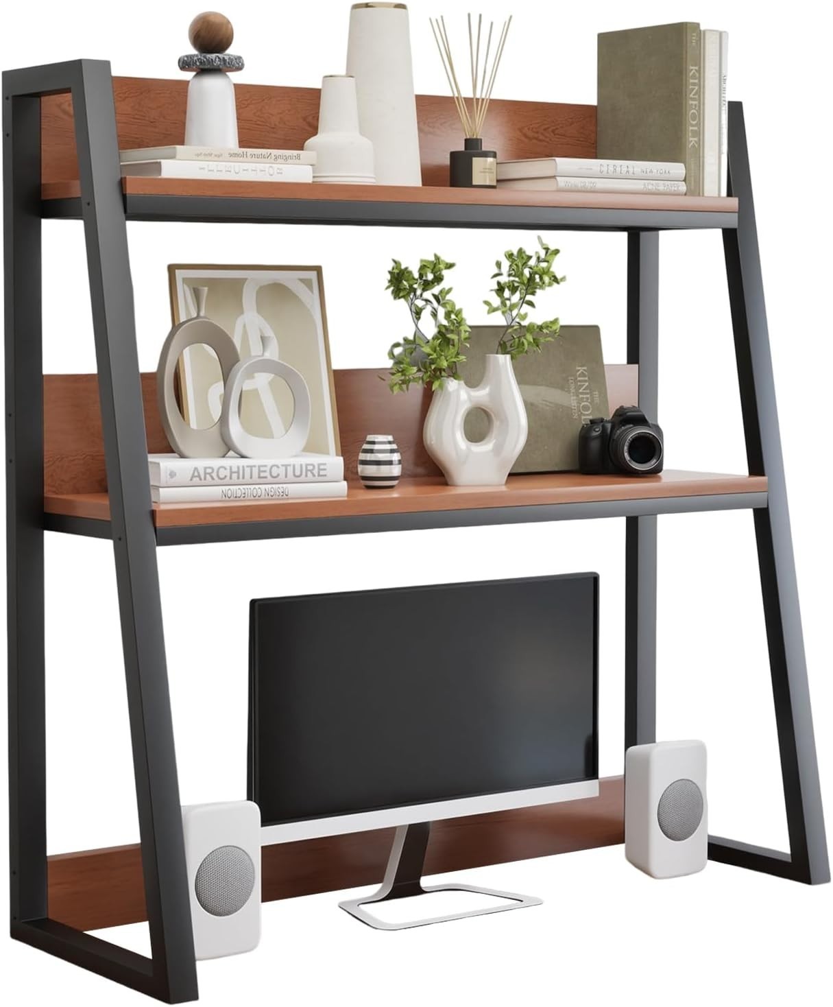 55cm Desktop Hutch 2-Tier Ladder Shelf Organizer Wooden Display Rack Brown