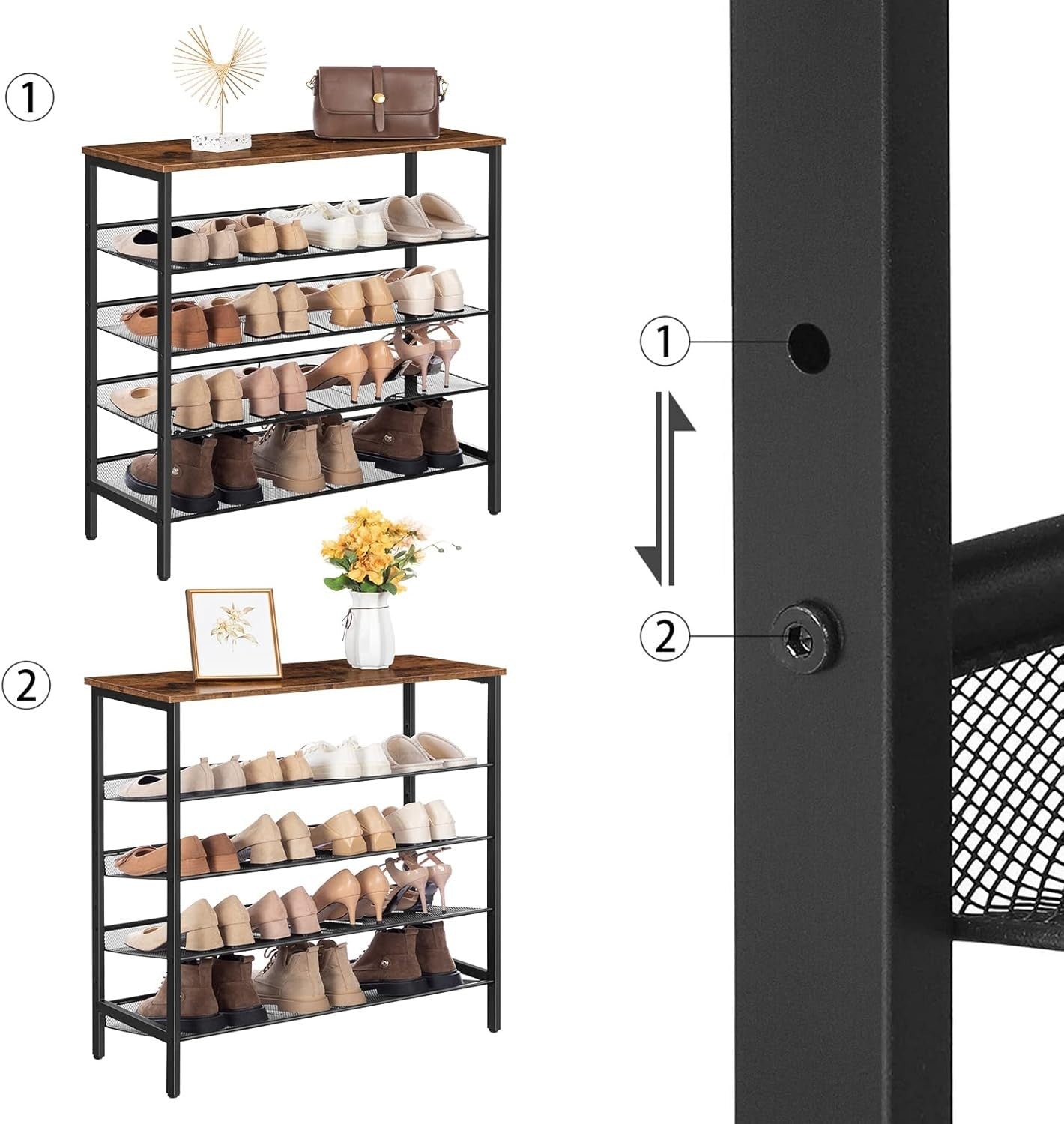 5 Tier Industrial Shoe Rack Stand, Adjustable Shelves, 75cm Wide Unit