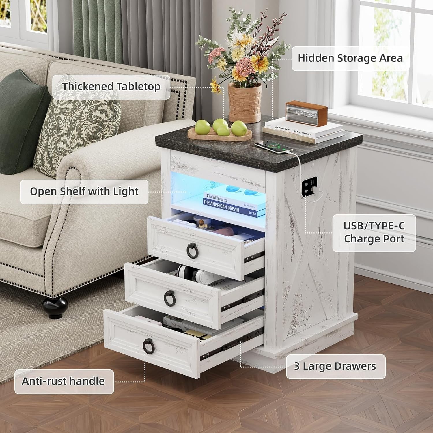 White Smart Bedside Table with Wireless Charging, LED Lights & 4 Drawer Storage