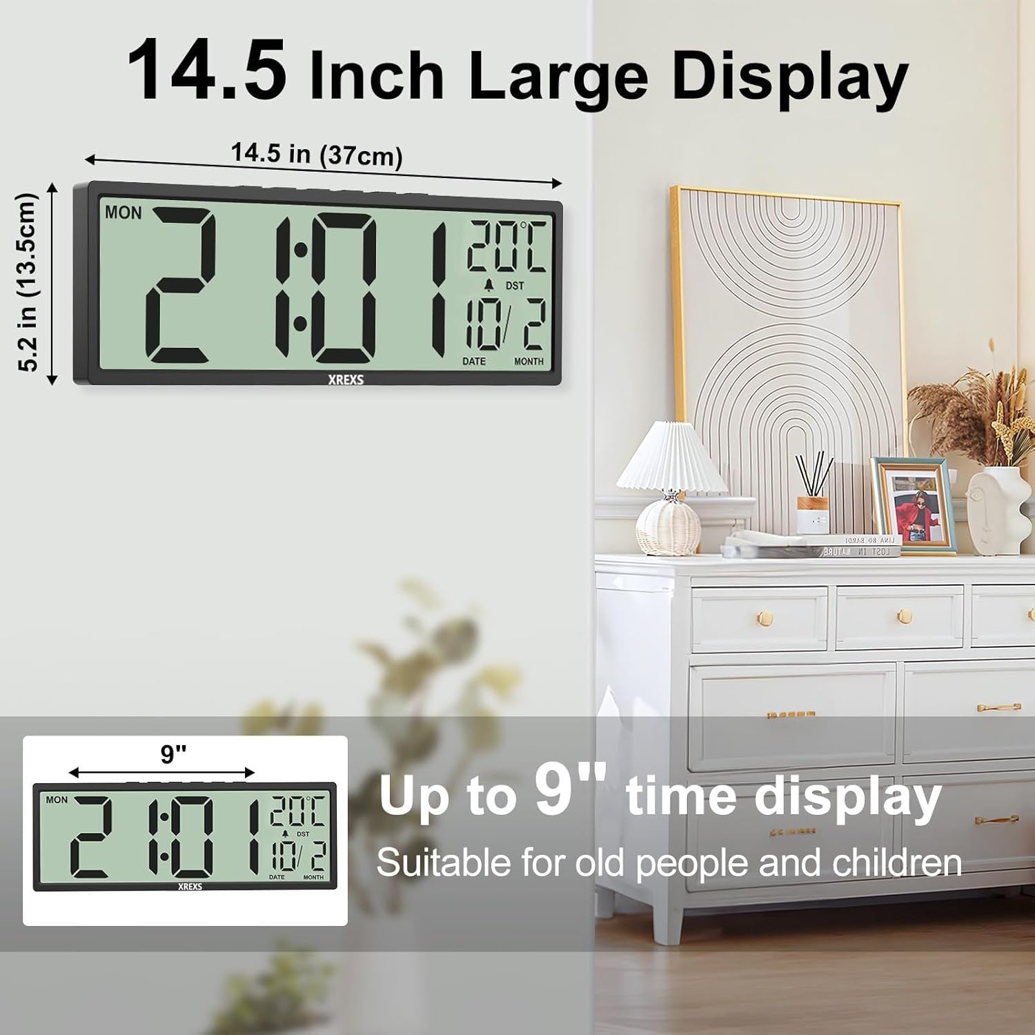 Large Digital Wall Clock Jumbo Display Temp Date Alarm Auto-DST 14.5" Modern