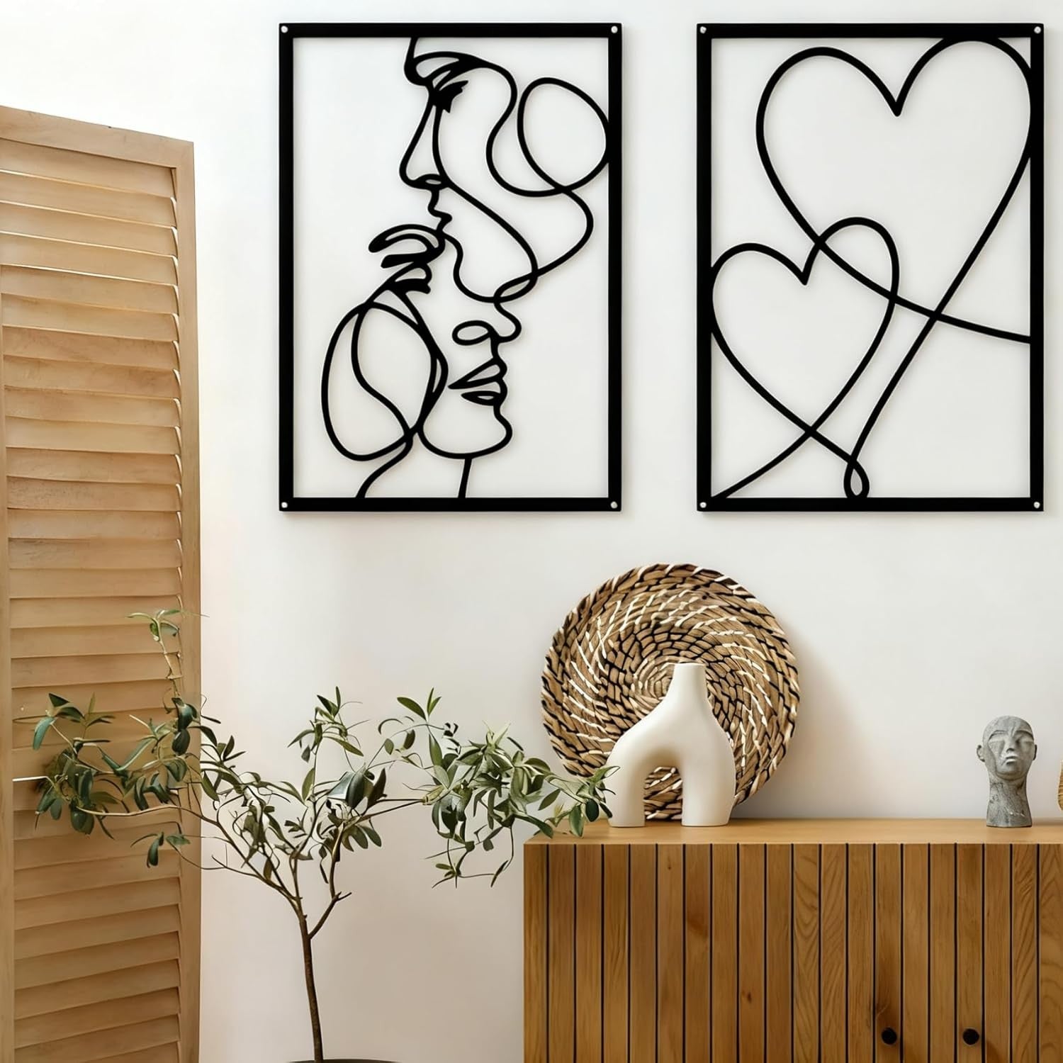 Black Metal Wall Art Set of 3 Modern Line Love Abstract 40x28cm