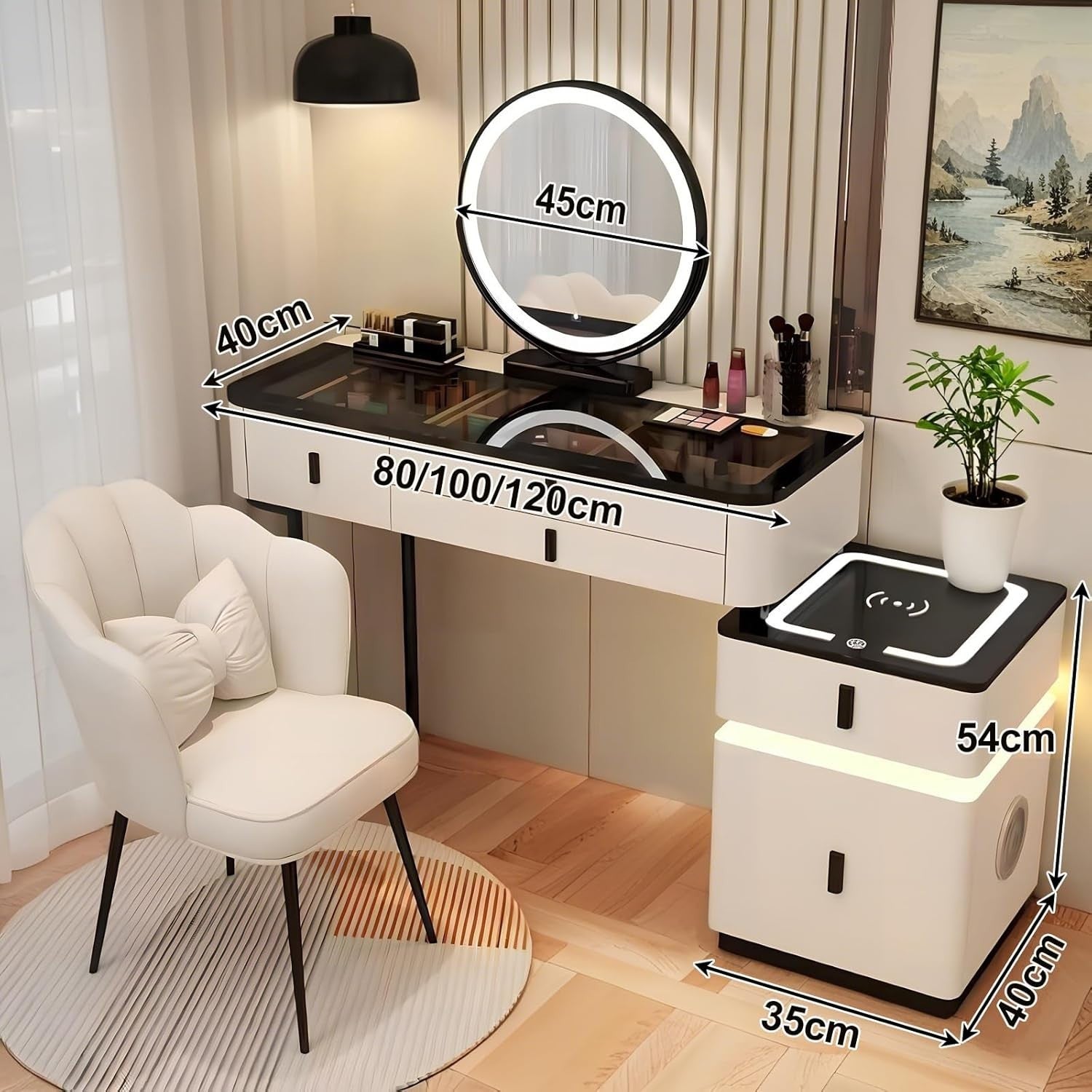 Modern Vanity Makeup Dressing Table w/ Mirror Light Charger Audio White-Black