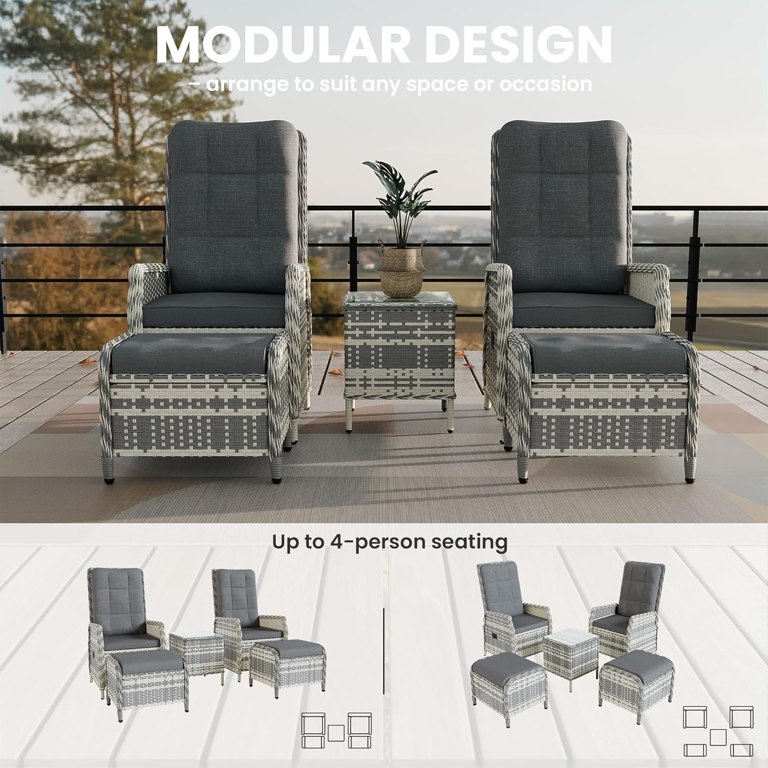 Adjustable Rattan Recliner Bistro Set Chairs Stools Coffee Table Patio Grey