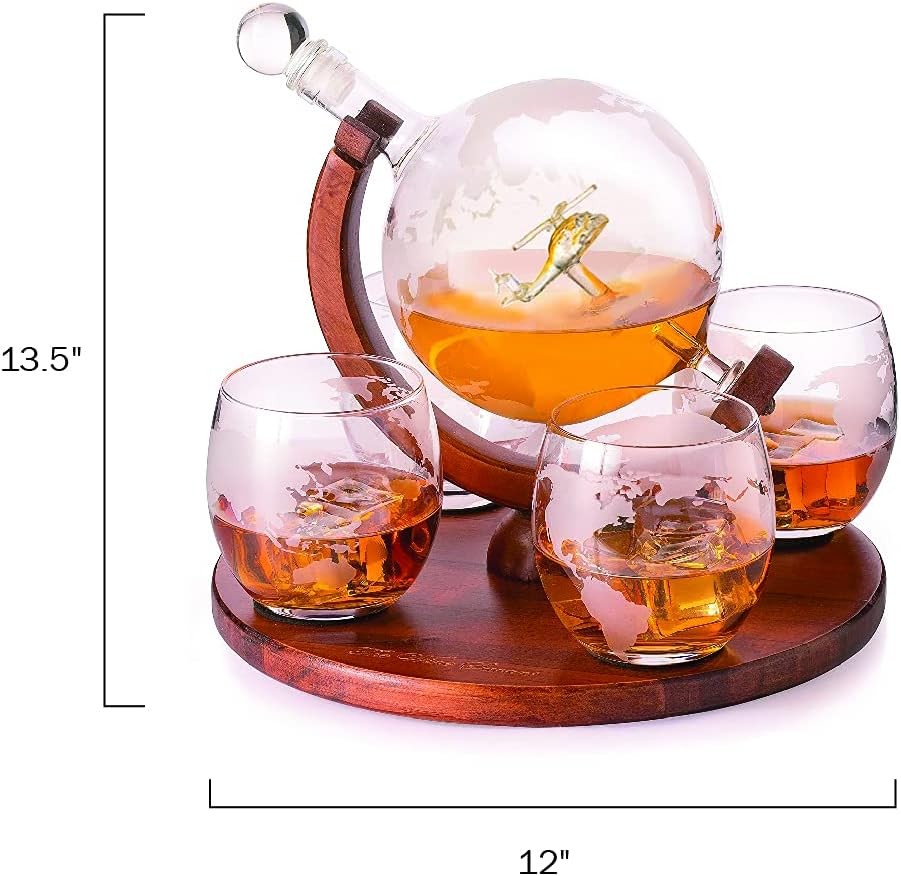 Helicopter Whiskey Decanter Set with 4 Glasses & Wood Base Globe Bar Gift